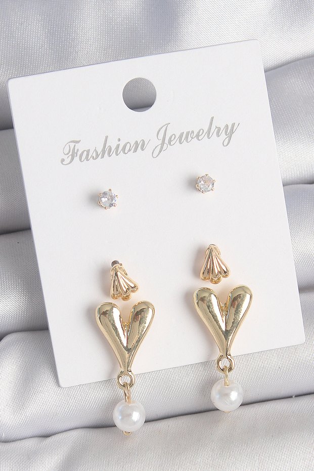 Brass Gold Color Zircon Stone Pearl Dangle Heart Model 3 Pair Women's Earring Set