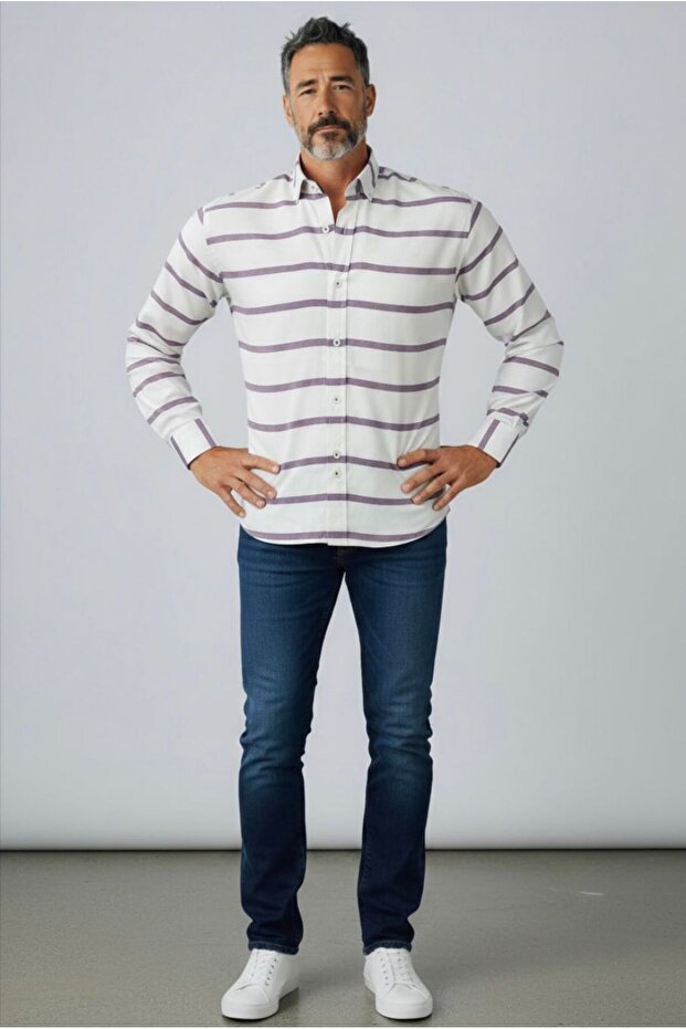 Slim Fit Sports Cut Panel Pattern Men's Long Sleeve Shirt