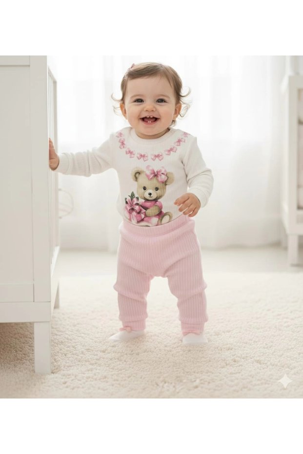 Baby Girl Teddy Bear Printed Snap Fasteners Top and Bottom Two-Piece Casual Set 6-18 Months