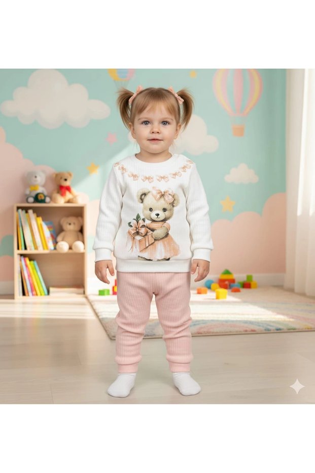 Baby Girl Teddy Bear Printed Snap Fasteners Top and Bottom Two-Piece Casual Set 6-18 Months