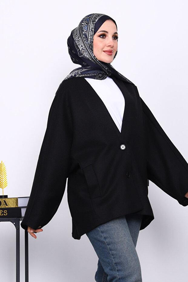 Black Button Detailed Lined Cashmere Jacket