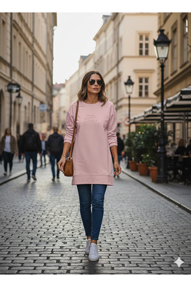 Powder Embossing Printed Crew Neck Long Sleeve Women's Sweatshirt Tunic 716