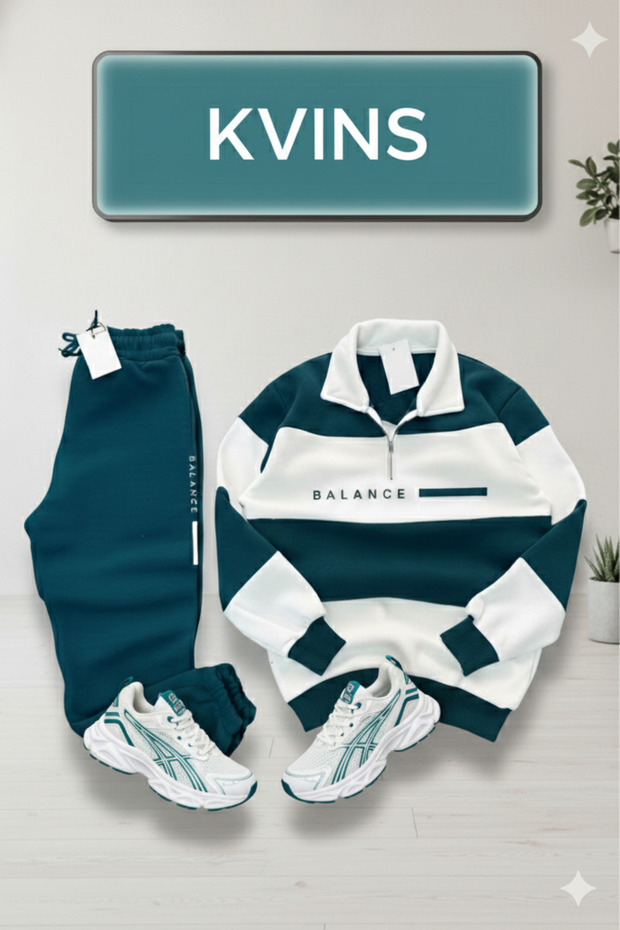 Petrol Unisex Oversized Half-Zip Cotton Tracksuit Set | Polo Collar Sweatshirt & Tracksuit Bottoms