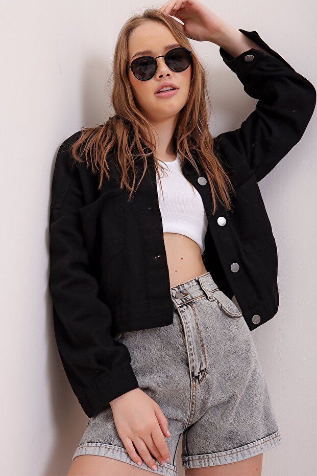 Black Crop Denim Jacket Alc-X3631-Rv