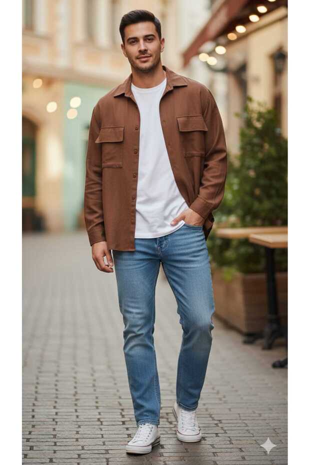 Double-Pocketed, Hooded, Bitter Coffee-Colored Unisex Soft Gabardine Stylish Shirt That Can Be Worn as an Alternative.