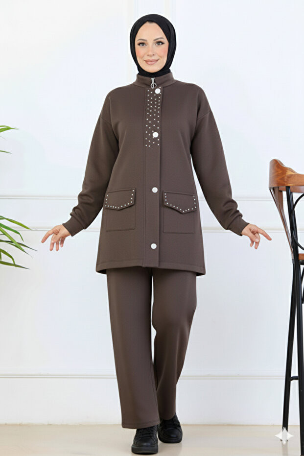 Bead Detailed Scuba Double Suit N5334 Brown