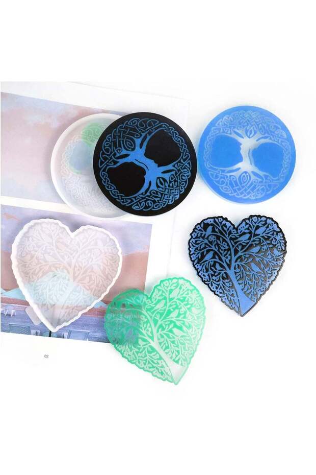 Resin Molds, 4PCS Tree of Life Resin Molds, Heart and Round Coaster Silicone Molds for Epoxy Resin