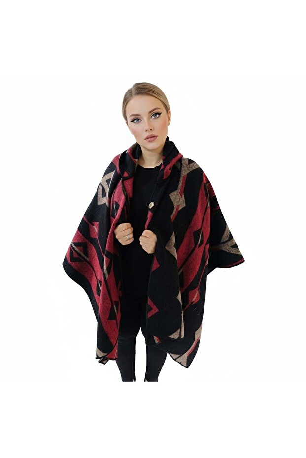 Red Beige Black Ethnic Design Patterned Woolen Warm Hooded Unisex Camper Poncho Winter Shawl
