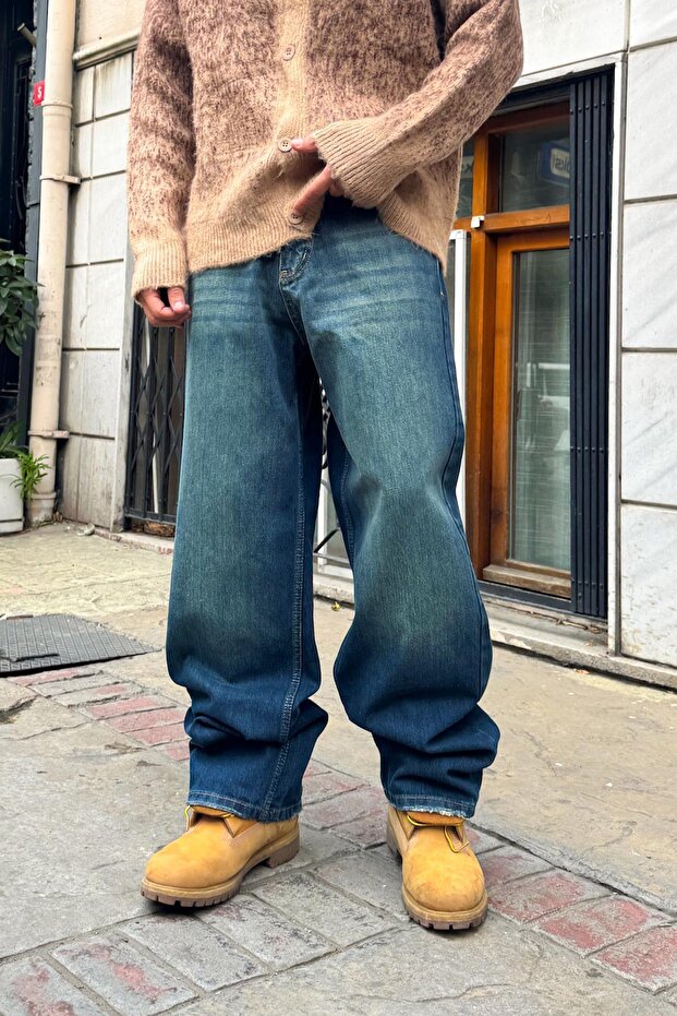Vintage Style Striped Baggy Jeans Blue