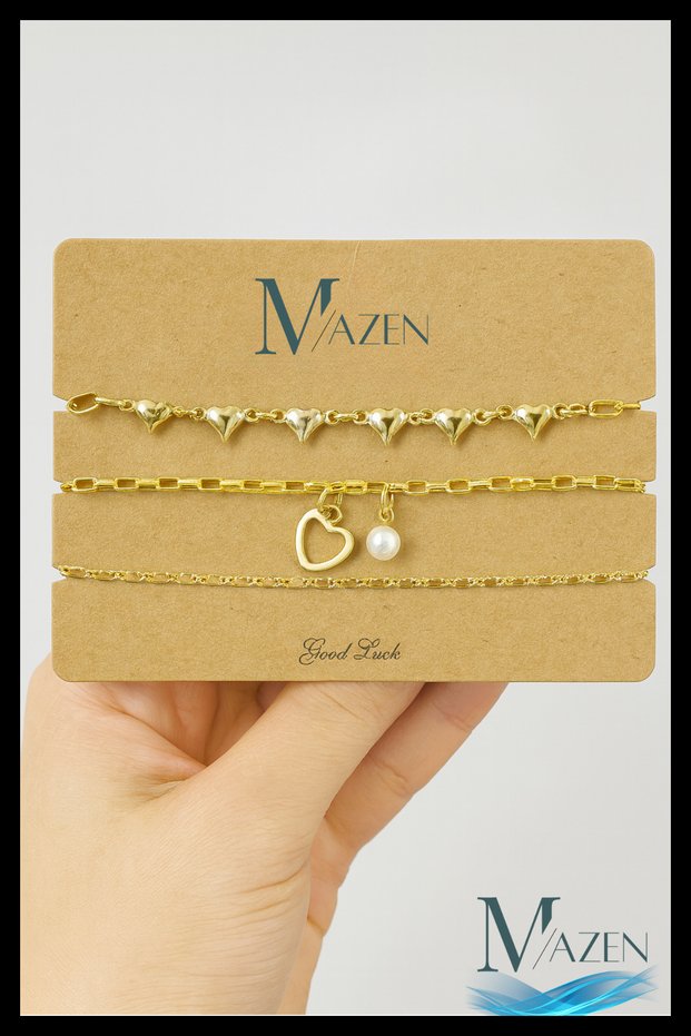 Triple Chain Bracelet Set | Gold Color | In Row Heart | Pearl Detailed | Women's Jewelry Accessory