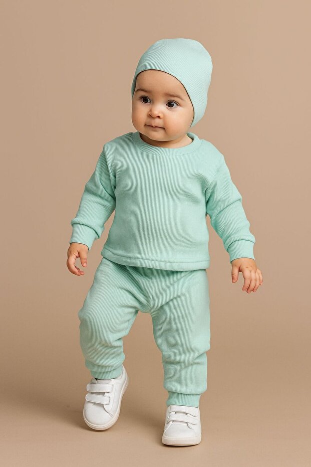 Basic Mint Green Ribbed Hat and Tracksuit Set - 1