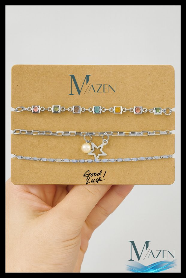 Triple Silver Color Bracelet Set | Colored Stone | Star and Pearl Detailed | Women's Jewelry Accessory