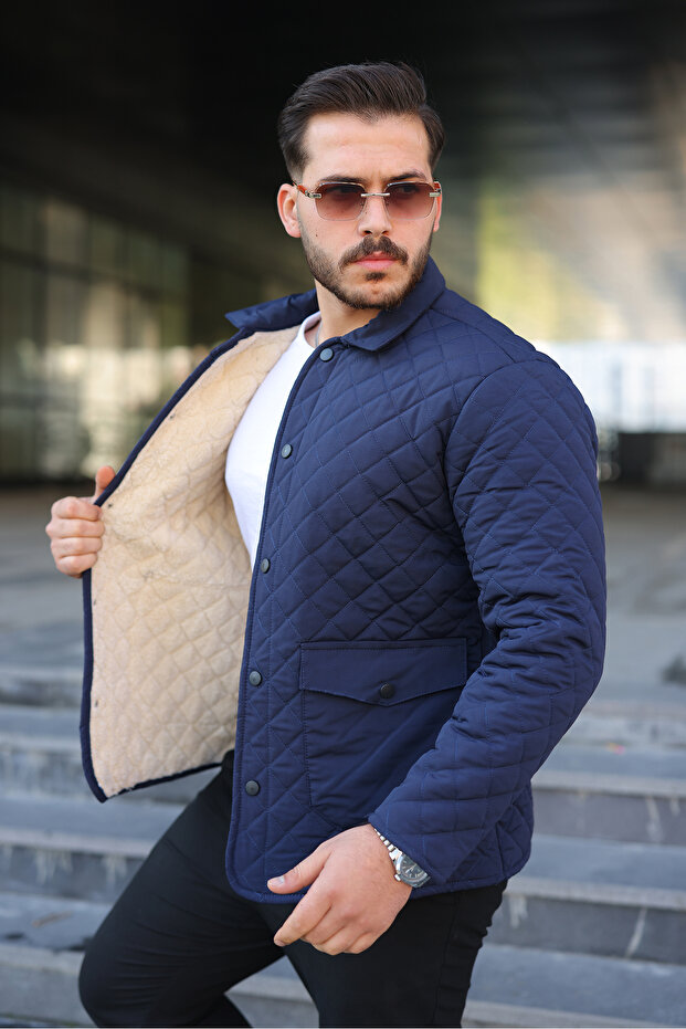 Erkek Çıtçıt Basic Kışlık Kürklü Lacivert Kapitone Mont - 1