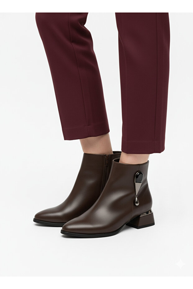 Short Heeled Zippered Metallic Stone Detailed Women's Bitter Brown Boots Bootie