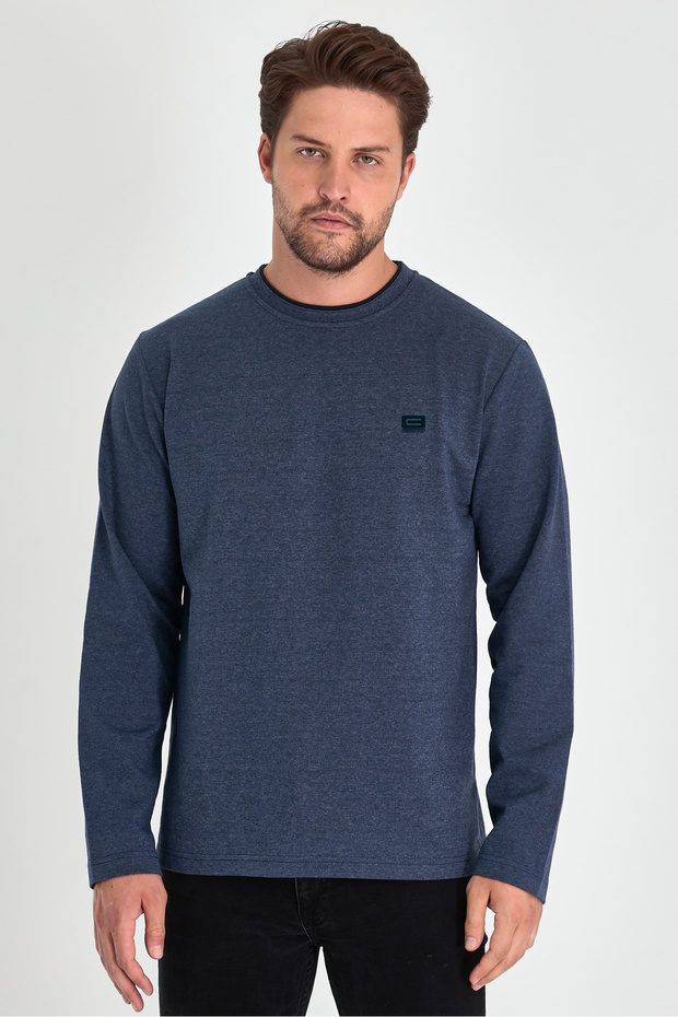Men's Navy Blue Double Crew Neck Print Detailed Standard Relaxed Fit Sweatshirt