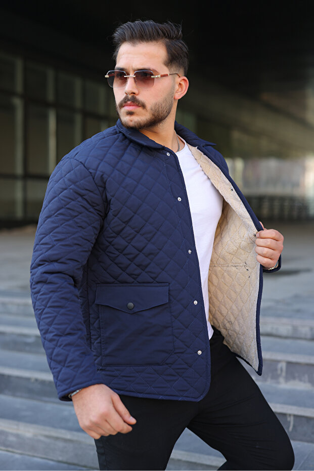 Erkek Çıtçıt Basic Kışlık Kürklü Lacivert Kapitone Mont - 2