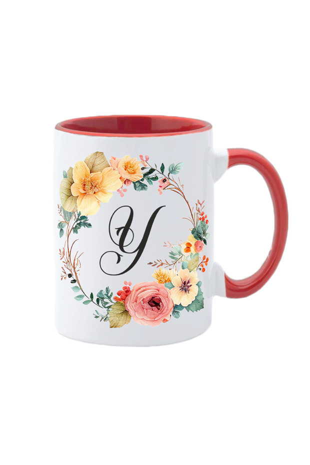 Personalized white mug with the initial of the name inside and red handle Flower-Alphabet Collection letter Y - 1