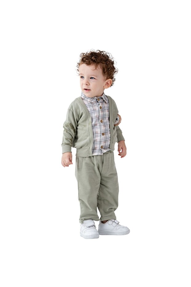 Baby Boy Aslancık Cardigan Look Long Sleeve Top and Bottom Baby Set