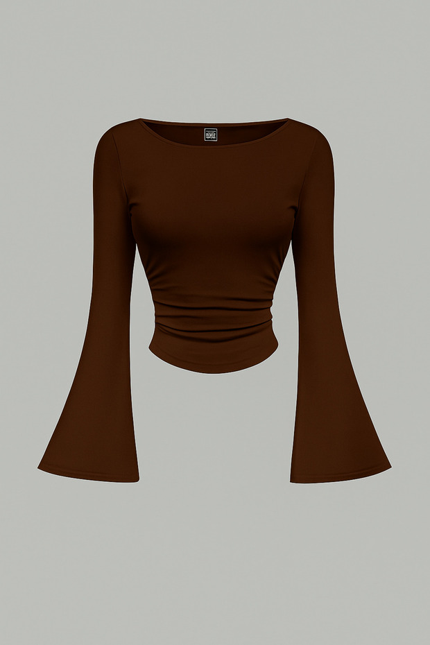 Dark Brown Boat Neck Long Sleeve Spanish Sleeve Blouse, Side Ruched Spanish Sleeve Coffee Crop Top