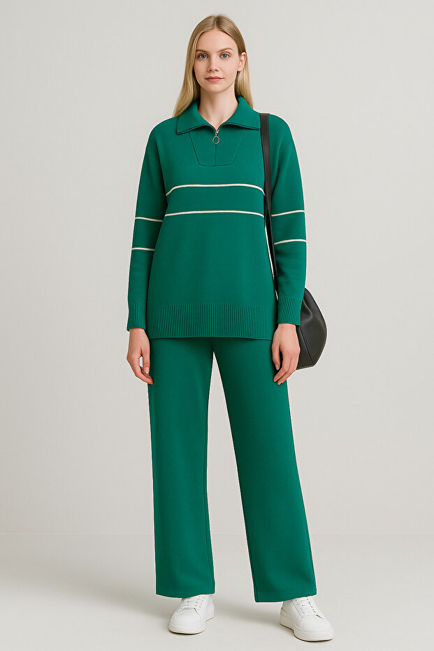 Zipped Stand-Up Collar Knitwear Suit with Pants