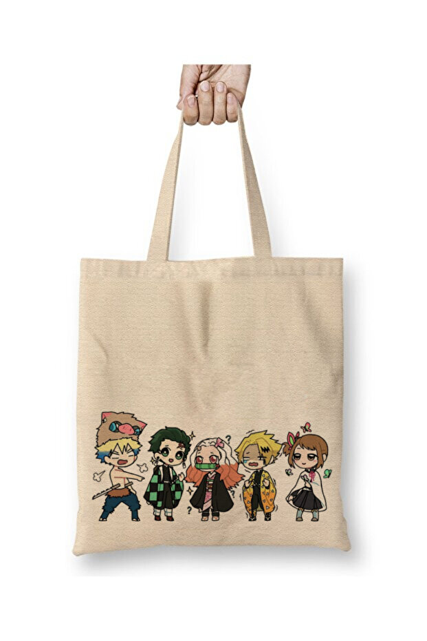 Demon Slayer Cut the Demon Cute Characters White Cloth Bag Long Handle Shopping Bag