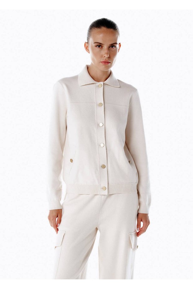 Button Closure Cream Knitwear Sports Jacket