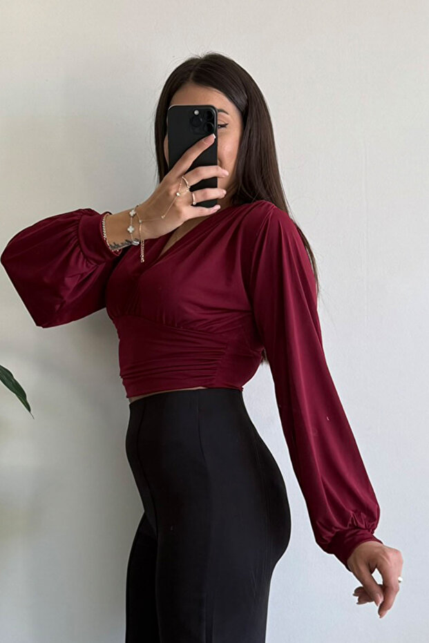 V Yaka Büzgülü Candy Bluz - 4