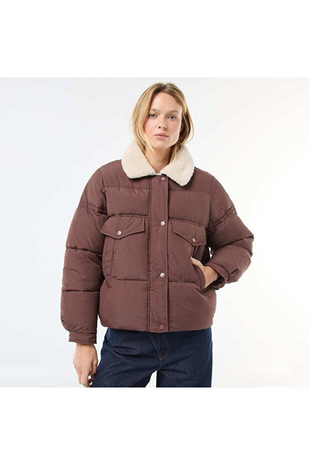 Padded Puffer Jacket with Shearling Effect Collar BROWN - 5