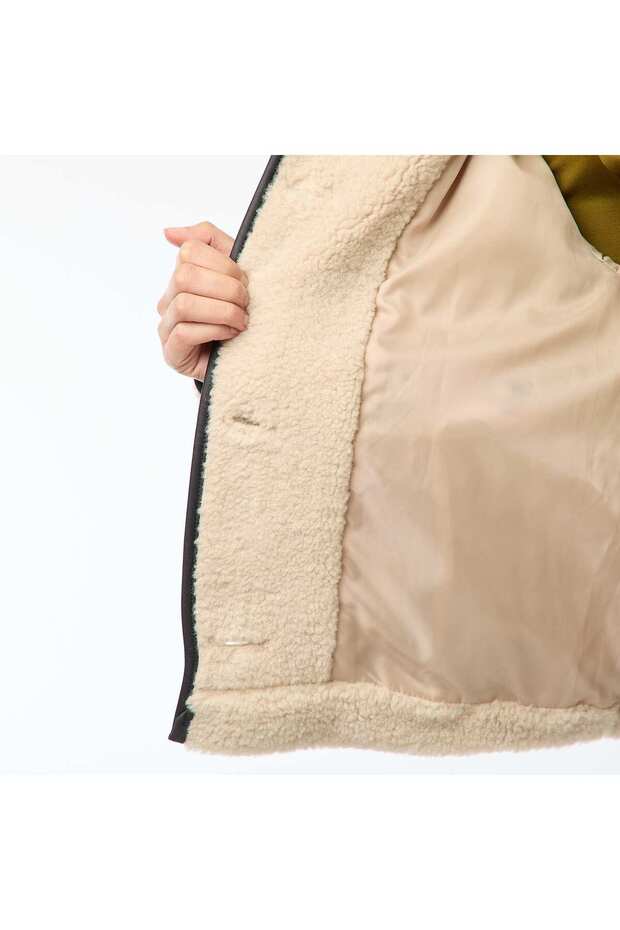 سترة دافئة بتأثير فرو صناعي، لون بيج - 8