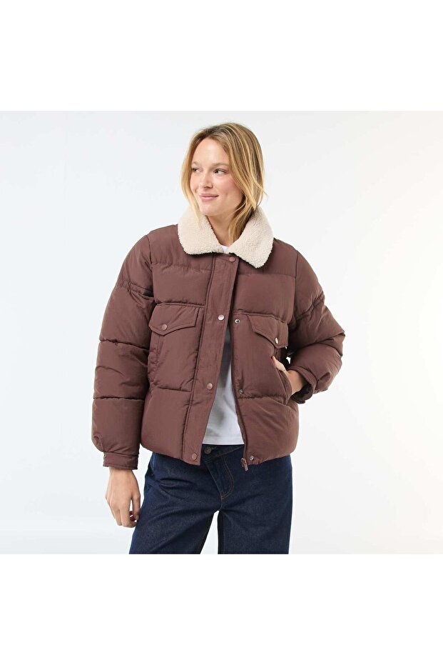 Padded Puffer Jacket with Shearling Effect Collar BROWN - 1