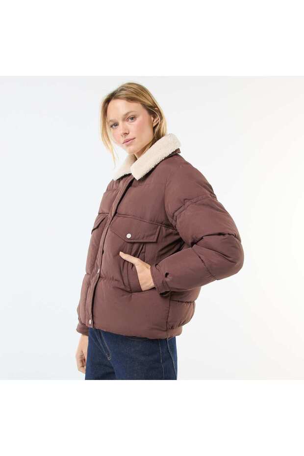 Padded Puffer Jacket with Shearling Effect Collar BROWN - 3