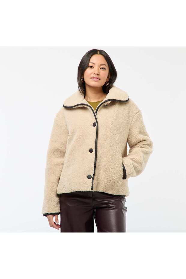 سترة دافئة بتأثير فرو صناعي، لون بيج - 3