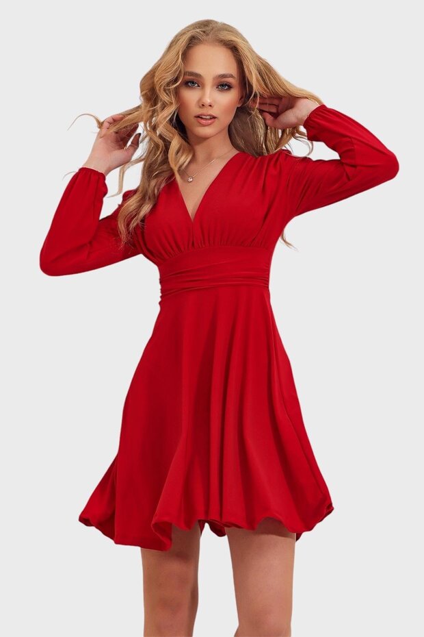 Red Deep V-Neck Flared Sandy Christmas Special Dress ALC-X9420
