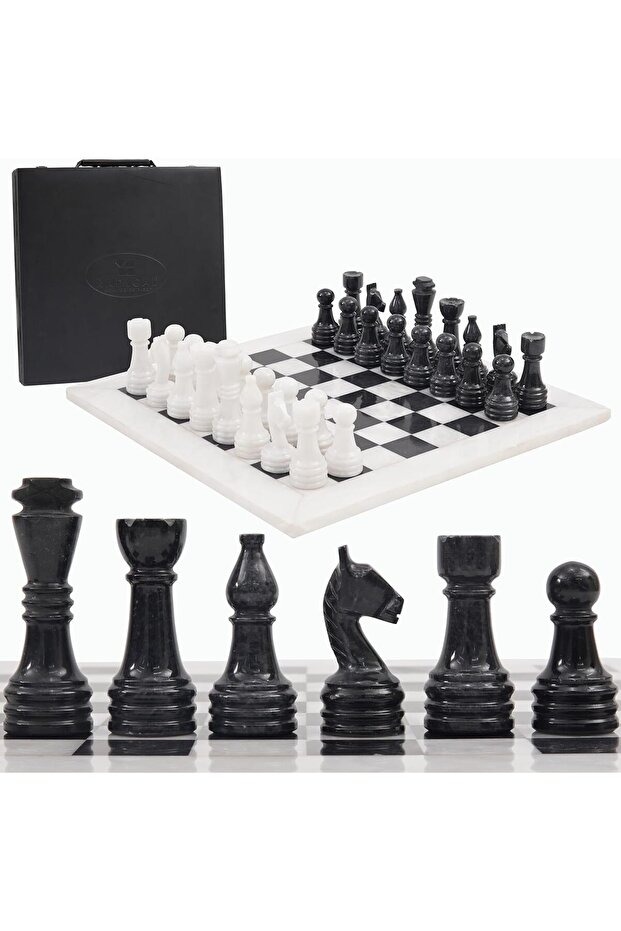 15" White & Black Marble Chess Set with Storage Box – Classic Luxury Chess Board Gift