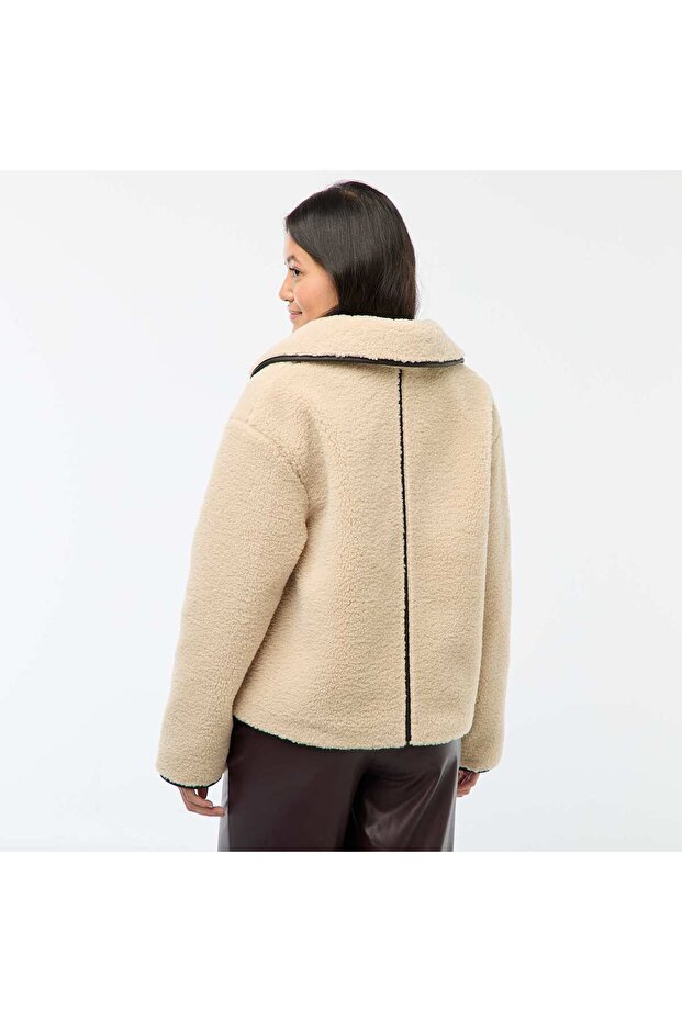 سترة دافئة بتأثير فرو صناعي، لون بيج - 5