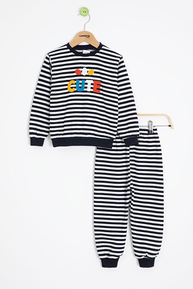 Navy Blue Boy's Cute Embroidered Striped Fleece-Lined Tracksuit Set 23310