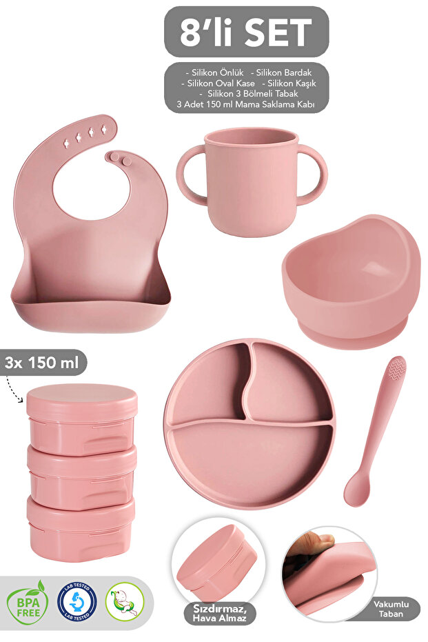 8-Piece Silicone Feeding Set - Baby Bib Vacuum Plate Oval Bowl Cup Spoon Snack Container Pink