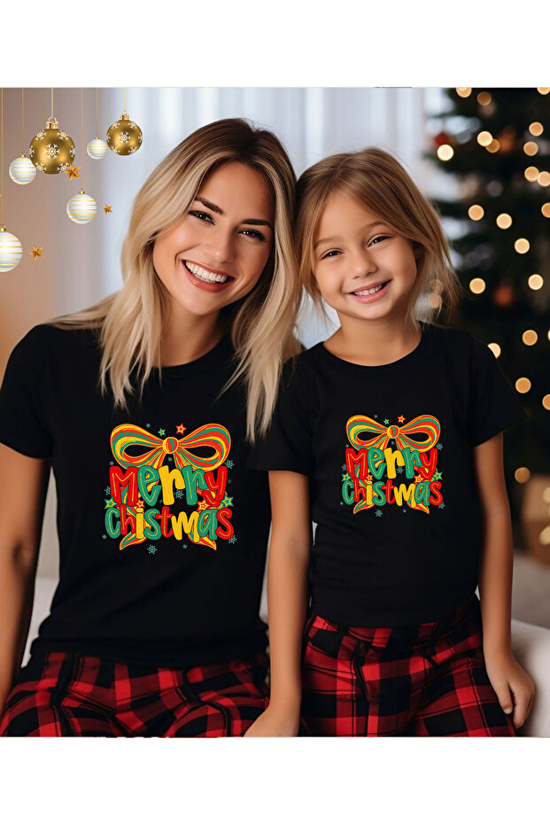 Merry Christmas Printed Mother-Daughter Matching T-Shirt with Bow (Add 2 Items to Make a Matching Set)