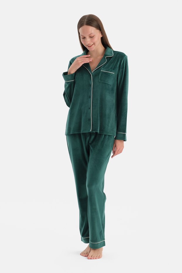 Dark Green Piped Detail Velvet Shirt Pants Pajama Set