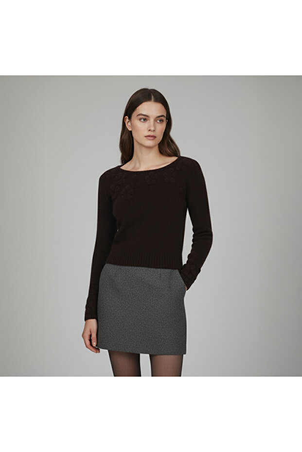 Women's Brown Wool Floral Embossed Soft Textured Long Sleeve Knitwear Sweater