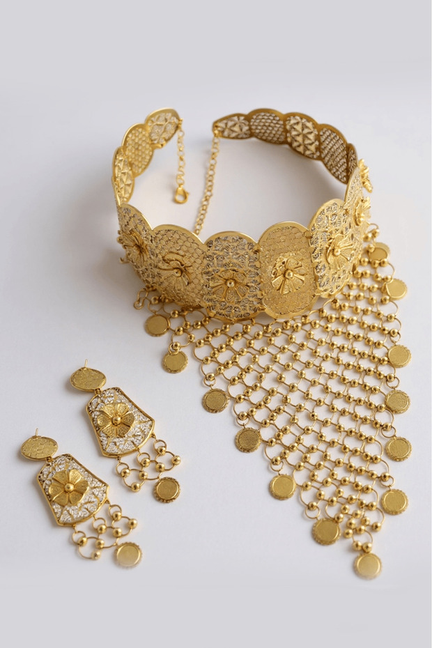 Gold Color Dangling Necklace and Earrings Wedding Henna Engagement Bride Set