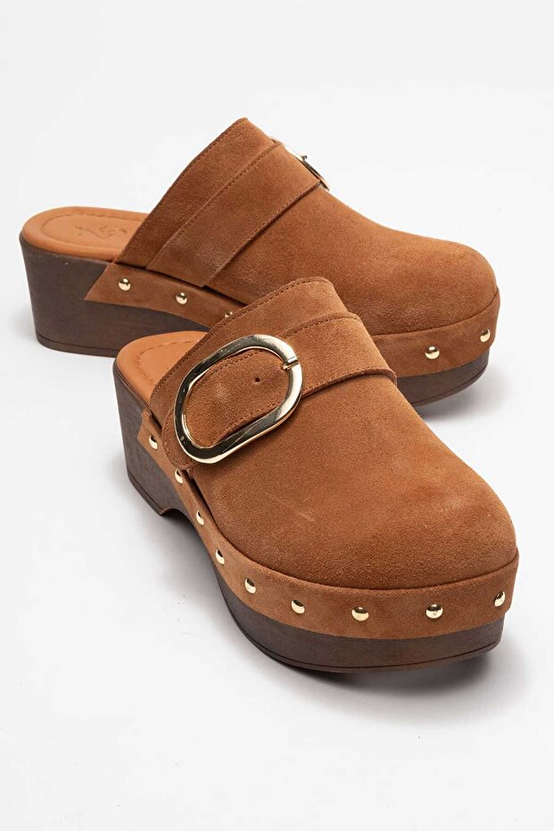Sylive women's genuine leather clog slippers - tan suede