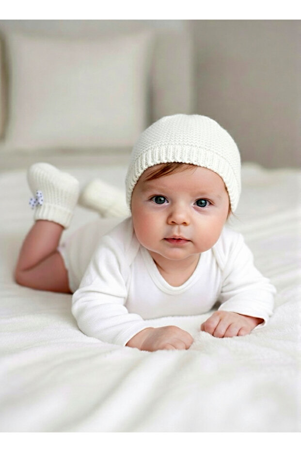 Hand Knitted White Beanie & Booties Set with Ribbon for Newborn Baby