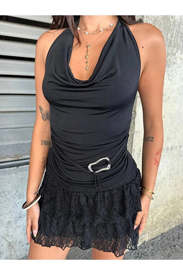 Women's Black Degaje Collar Halter Neck Back Low-Cut Buckle Draped Sandy Fabric Blouse