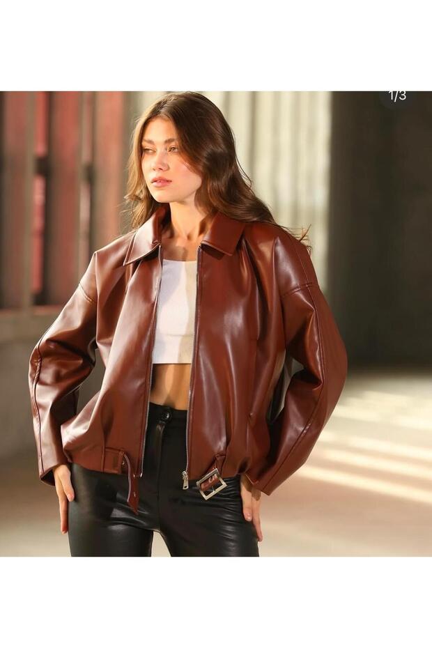 KEMERLİ OVERSİZE DERİ CEKET - 1