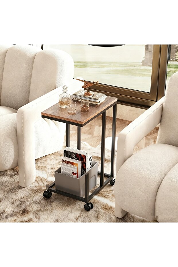 C-shaped sofa side table, large tabletop C-shaped table, with wheels/basic model in brown - 1