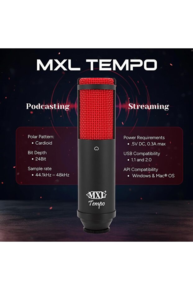 ميكروفون USB Tempo، أسود/أحمر - 2