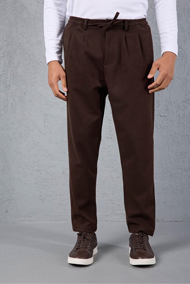 Milos Relax Fit Knitted Cashmere Fabric Zippered Elastic Waist Jogger Men's Trousers - Brown
