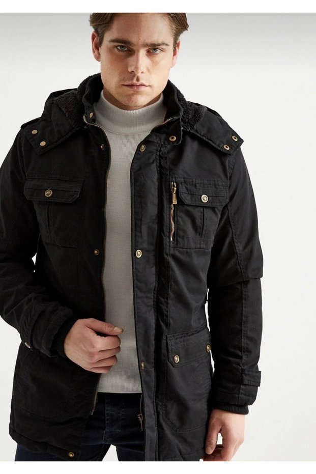 Dynamo Men's Black Fur-Lined Hooded Waterproof Men's Coat
