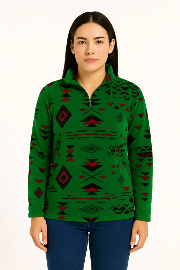 Women's Half Zipper Patterned Fleece Sweatshirt Tribal Ethnic Pattern Collared Long Sleeve - Green